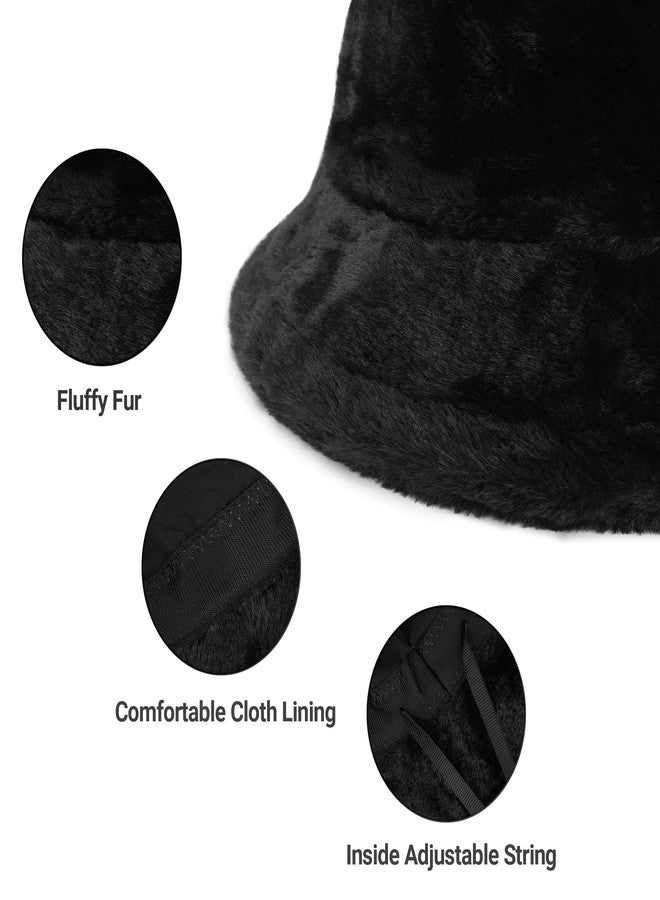 Umeepar Winter Faux Fur Fuzzy Bucket Hat Fluffy Warm Hat for Women Men (Plain Black) - Image 4